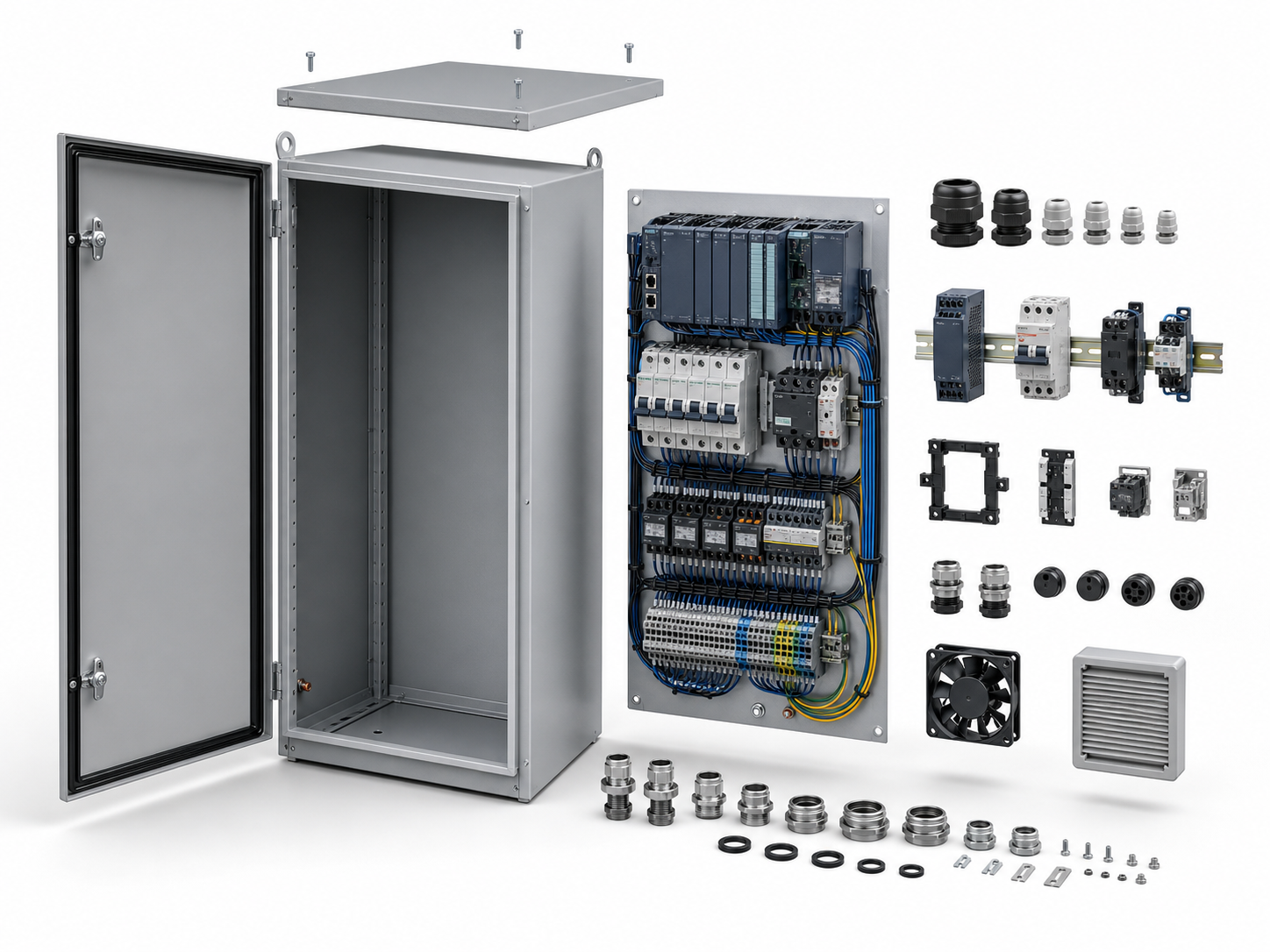 Exploded view of a custom industrial control cabinet